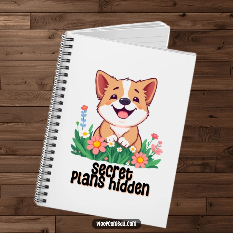 Funny notebook with a smiling dog digging enthusiastically in flowers, inspiring cheerful note-taking and gardening ideas.