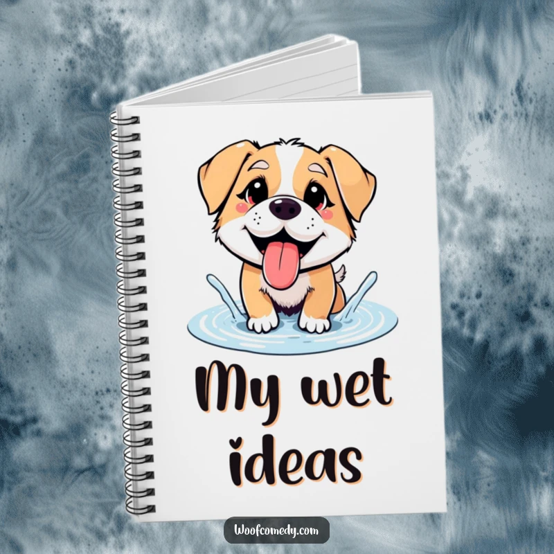 Funny dog happily splashing in a puddle, lined notebook, great for journaling, funny gift.