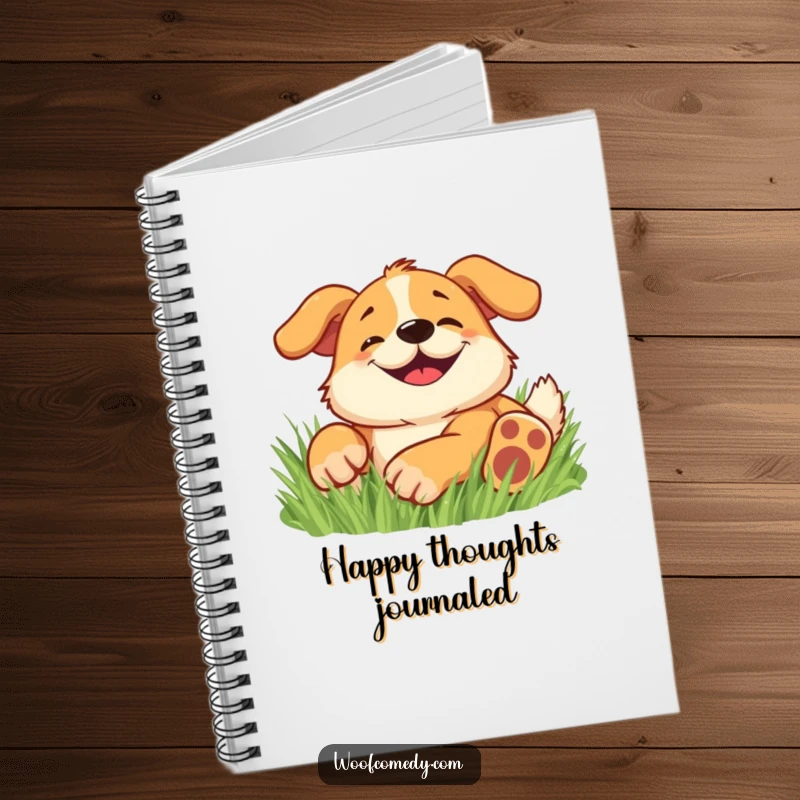 Funny notebook cover featuring a happy dog with a wide, goofy grin, rolling in soft grass.