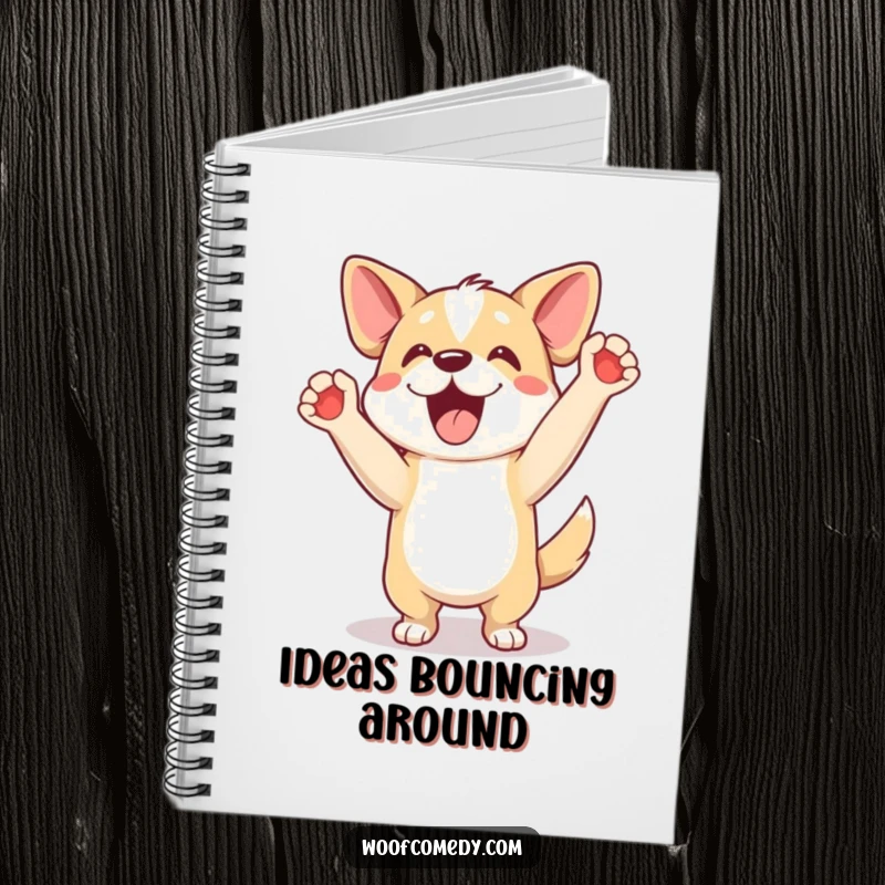 Funny notebook with an excited dog doing a happy dance with paws up, a humorous journaling gift.