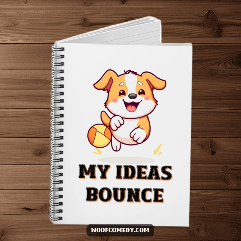 Funny Kawaii dog notebook with a cute dog enthusiastically chasing a bouncy ball, its face showing a big happy grin. Ideal for notes and ideas.