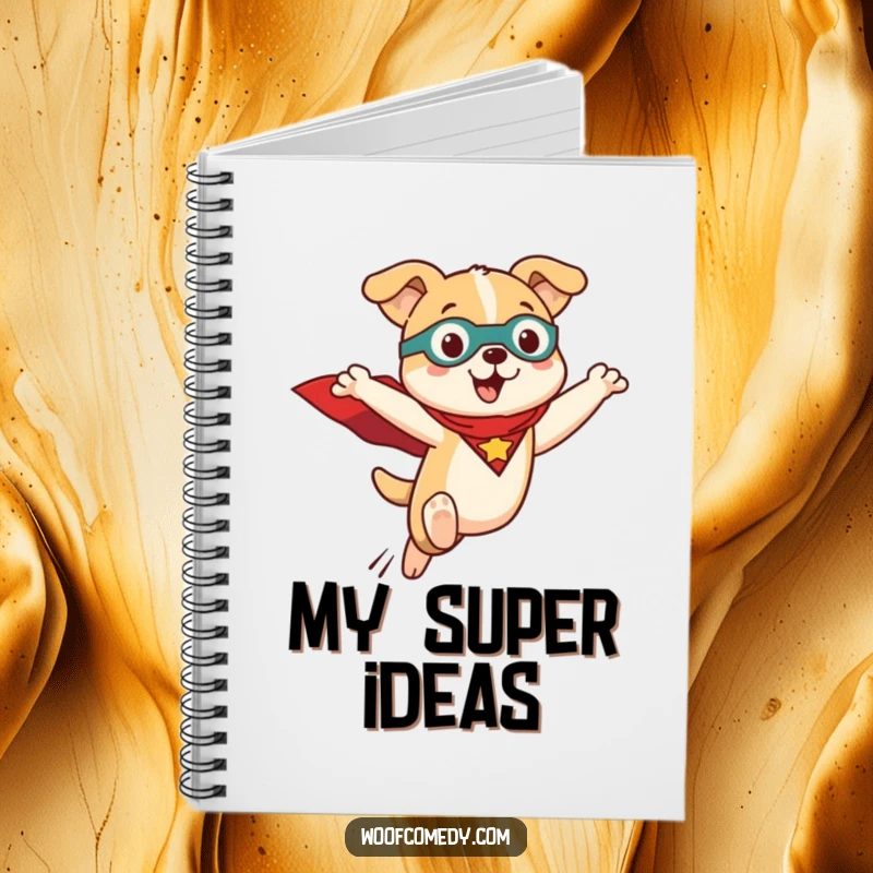 Funny Kawaii dog notebook showing a cute dog in a superhero cape, mid-leap. Lined pages for notes.