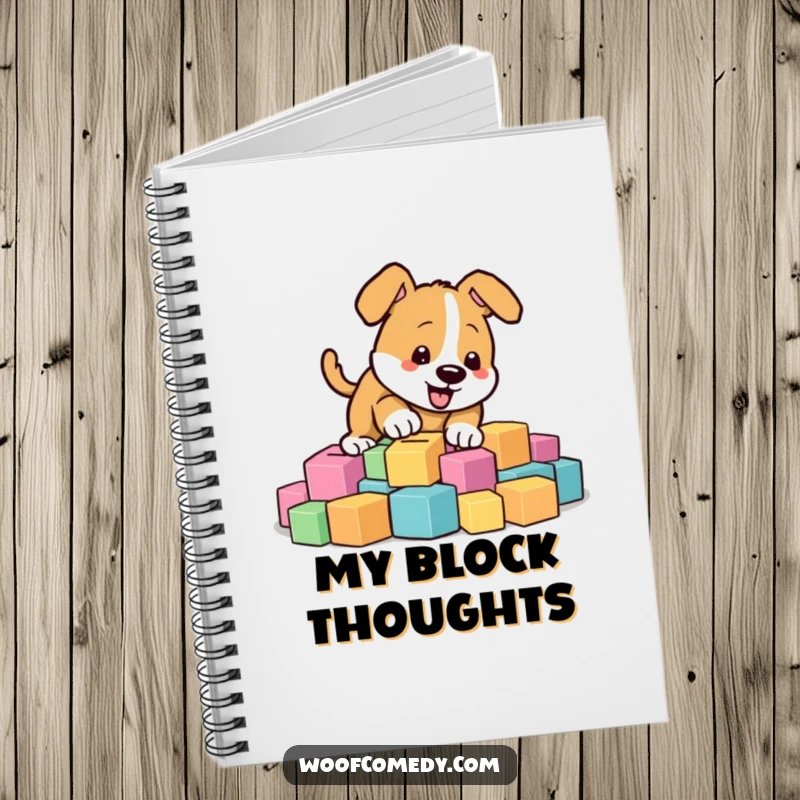 Funny energetic dog digging in colorful blocks, lined notebook, great for notes, funny gift.