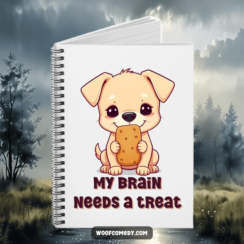Funny notebook with a small dog balancing a treat on its nose, a humorous gift for note-taking.