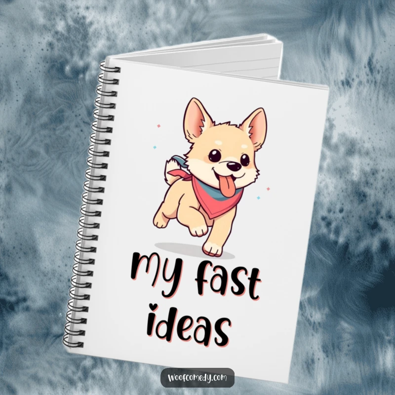 Funny kawaii dog in a bandana, humorously running with its tongue lolling out on a cute notebook cover.