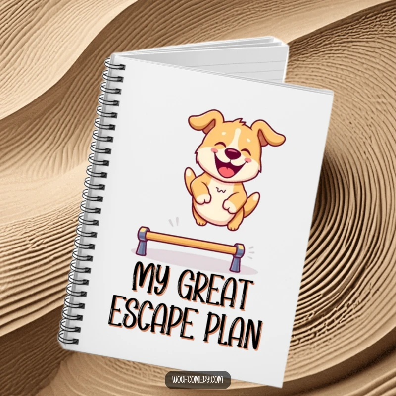 Funny notebook featuring a happy dog leaping over a hurdle, perfect for jotting down notes with a dose of cheer.