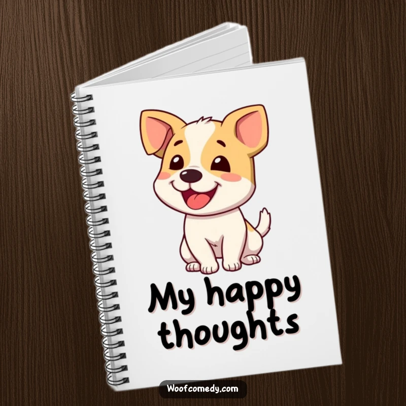 Funny dog wagging tail notebook designed to inspire happy thoughts, perfect for jotting down ideas with a wagging tail motif.