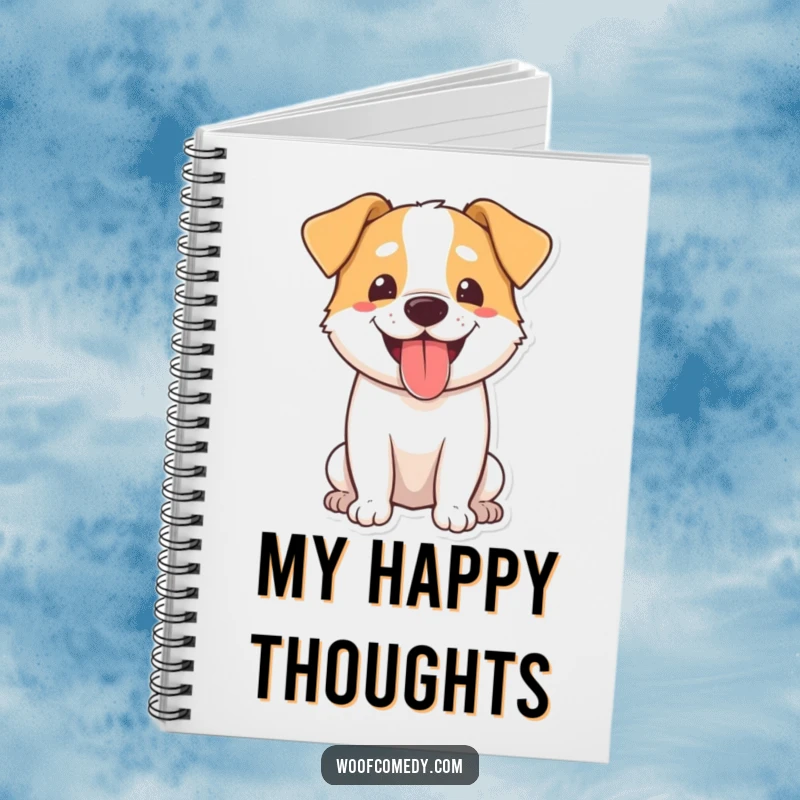 Funny dog notebook showing a happy dog panting with its tongue out, ready for your happy thoughts.