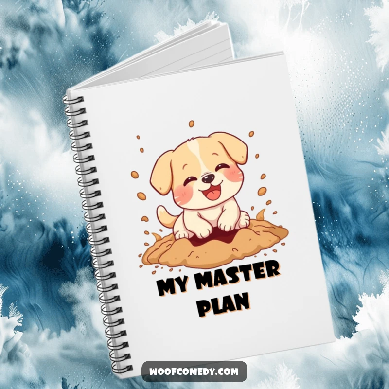 Funny notebook with a kawaii dog joyfully digging, dirt flying everywhere, perfect for jotting down messy ideas.