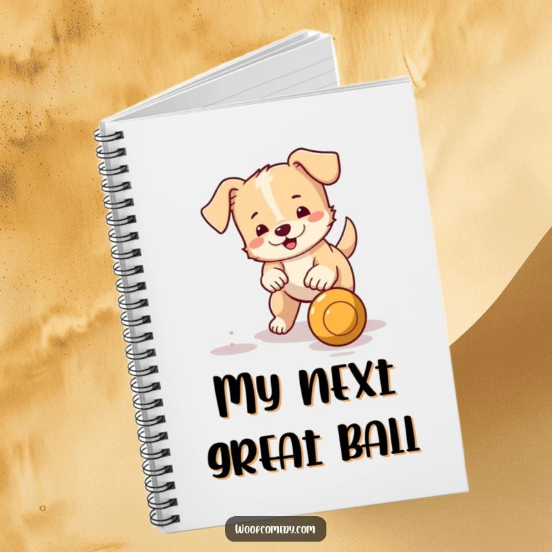 Funny notebook with a small dog with a wagging tail fetching a bouncing ball, inspiring cheerful note-taking and active ideas.