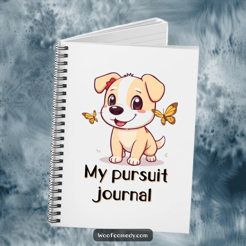 Funny dog notebook showing an excited dog chasing a butterfly with playful eyes, ready for your adventures.