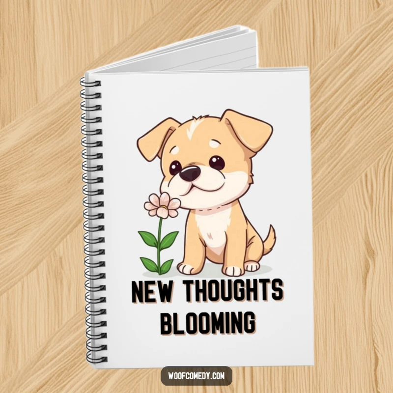 Funny notebook with a curious dog tilting its head while sniffing a flower, ideal for thoughtful notes and creative ideas.