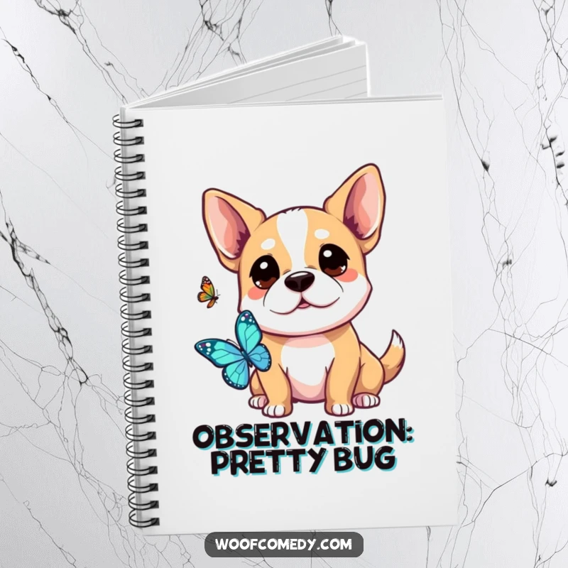 Funny Kawaii Dog Notebook: A kawaii dog with perked ears, curiously watching a butterfly, ready for your notes.