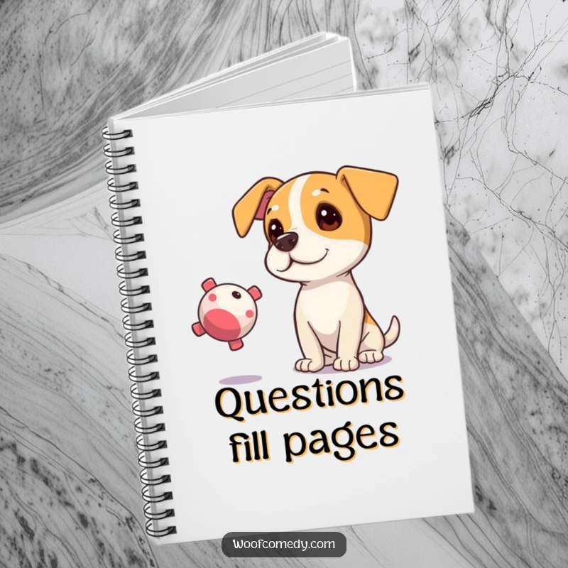 Funny notebook cover featuring a curious dog tilting its head, eyes fixed on a floating squeaky toy.