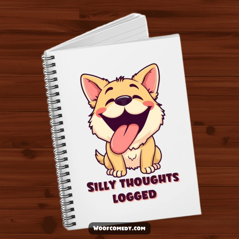 Funny dog grinning notebook designed to inspire happy thoughts, featuring a dog panting with its tongue out and a silly smile.