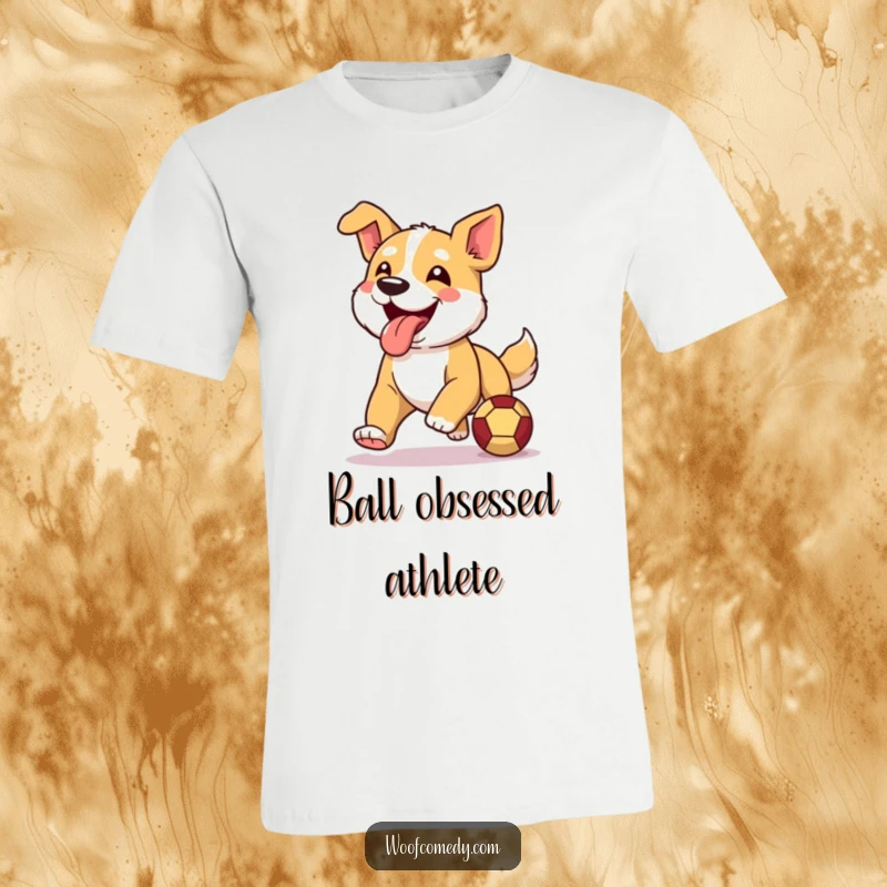 Funny t-shirt illustrating an ecstatic dog in motion, tongue out, joyfully pursuing a ball.