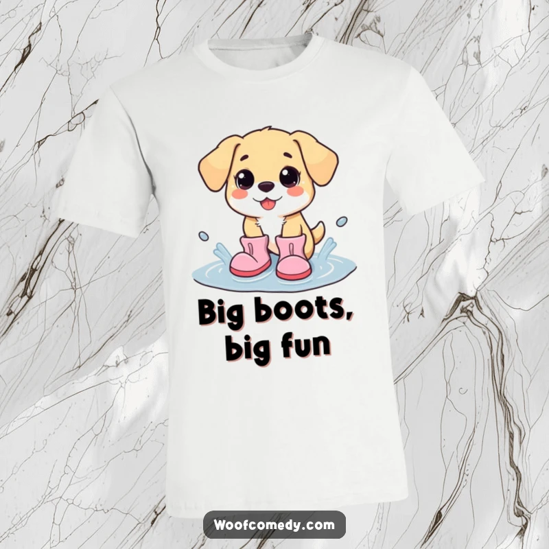 Funny kawaii dog wearing comically oversized boots, joyfully splashing in a puddle, radiating playful energy and charm.