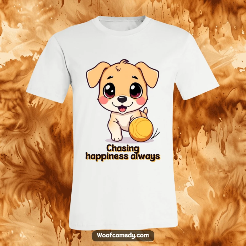 Funny t-shirt showcasing a cute dog character with wide, excited eyes, chasing a bouncing ball with boundless enthusiasm.