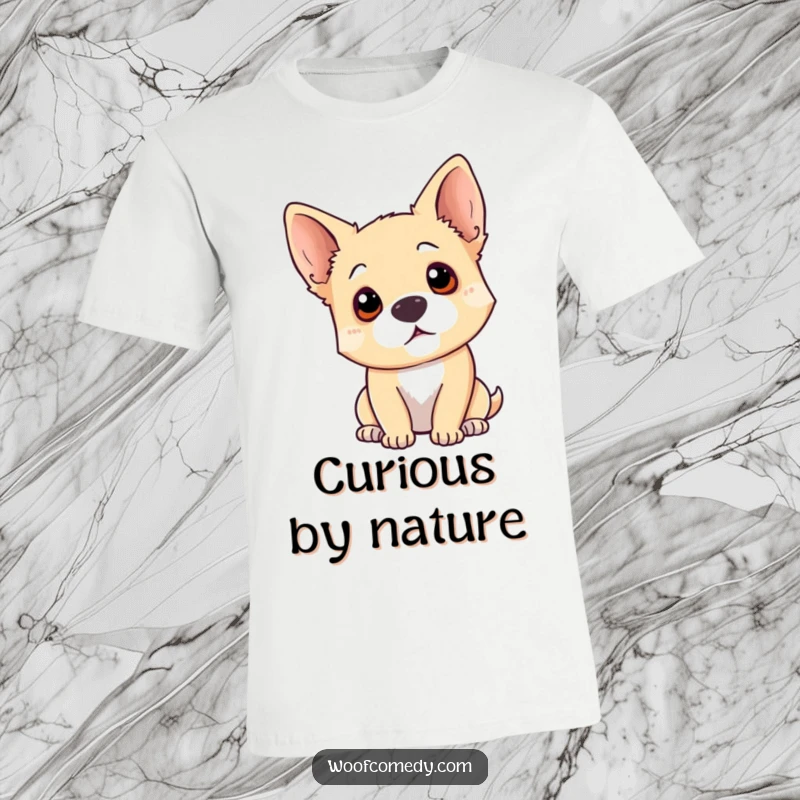 Funny dog head tilt t-shirt depicting a dog tilting its head with ears perked, embodying curiosity and a questioning, humorous spirit.