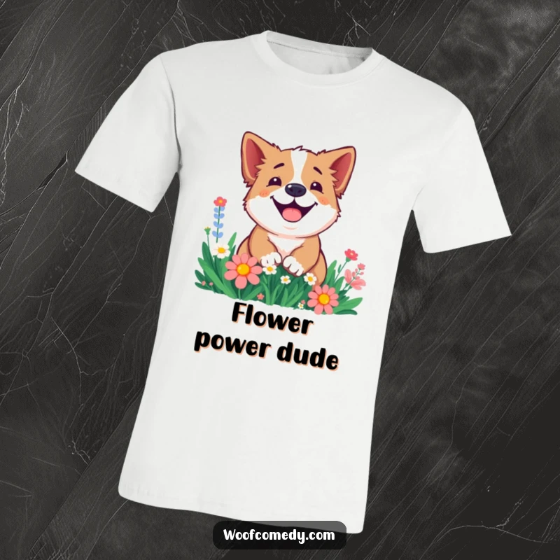 Funny t-shirt depicting a smiling dog joyfully digging amongst vibrant flowers, capturing playful garden mischief.