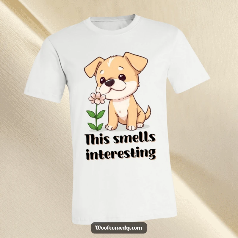 Funny t-shirt featuring a curious dog with its head tilted, intently sniffing a delicate flower, showcasing innocent exploration.