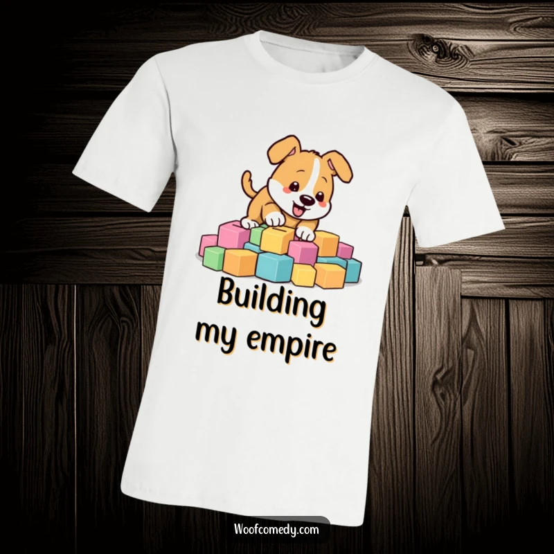 Funny energetic dog digging with gusto in colorful blocks, action graphic tee, playful design, funny gift.