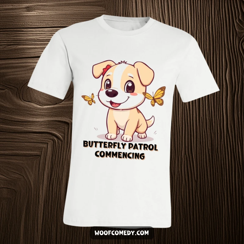 Funny dog t-shirt featuring an excited dog in hot pursuit of a fluttering butterfly, eyes wide with playful energy.