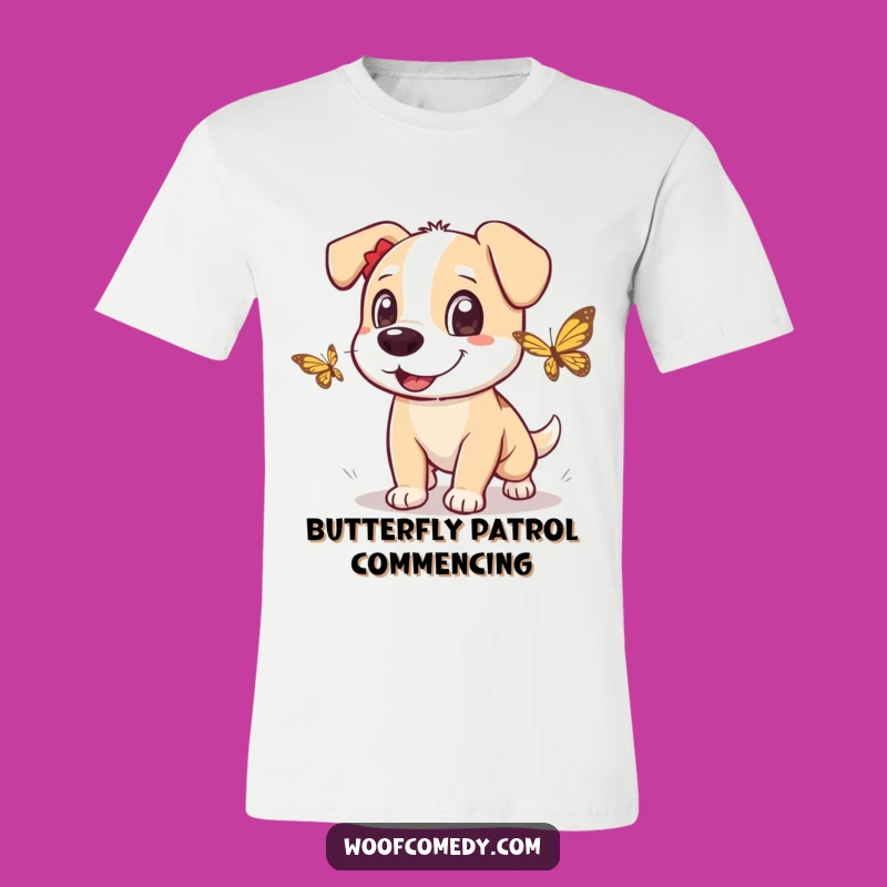 Funny Dog Butterfly Chase T-Shirt: Wearable Fun, Hilarious Pup Art, Great Gift