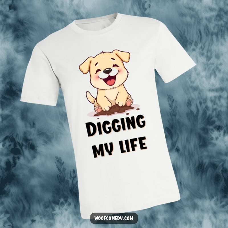 Funny dog digging t-shirt featuring a dog mid-dig, paws covered in mud from creating a hole, capturing a moment of canine excavation.