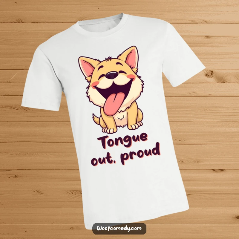Funny dog grinning t-shirt featuring a dog panting with its tongue out and a wide, silly grin, embodying pure happiness and humor.