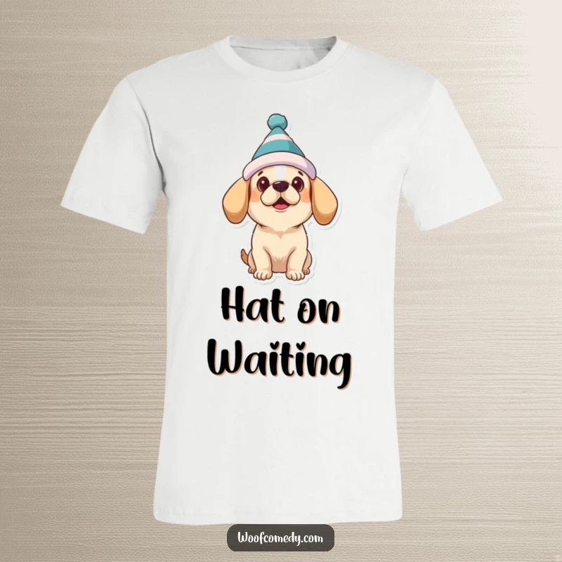Funny dog t-shirt depicting a dog wearing a silly hat, looking up with sweetly expectant and adorable eyes.