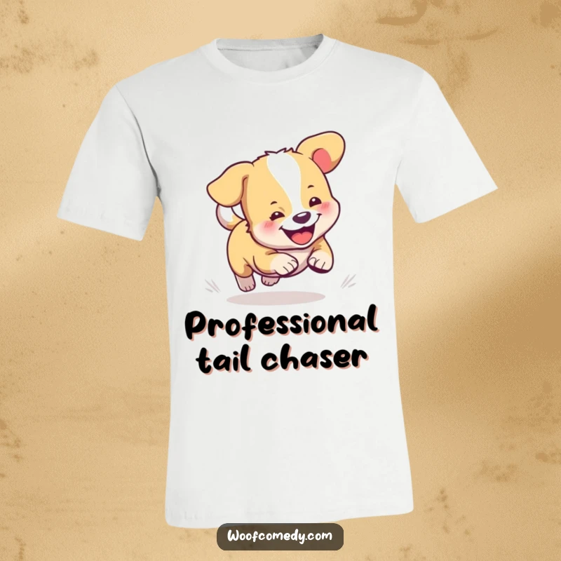Funny t-shirt showcasing a happy cartoon dog in mid-spin, hilariously obsessed with chasing its own tail.