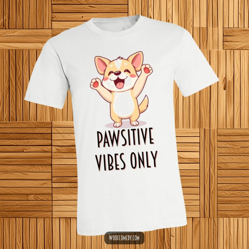 Funny t-shirt featuring an excited dog doing a happy dance with paws raised, a celebratory funny gift.