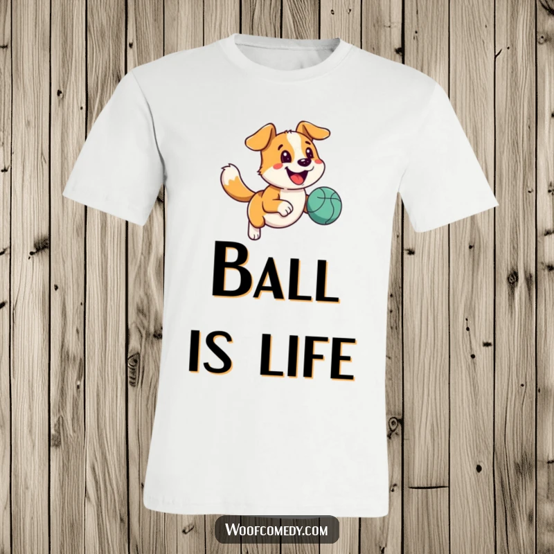 Funny happy dog t-shirt featuring a dog with a wagging tail running with a bouncy ball, perfect for active humor.