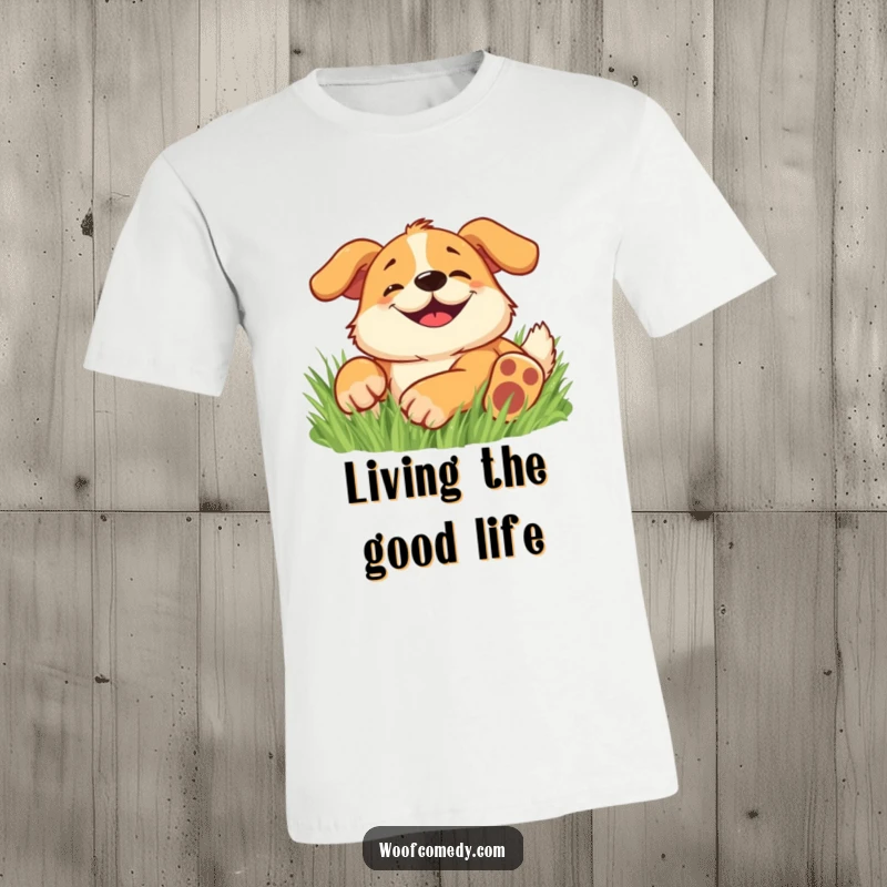 Funny t-shirt of a happy dog with a wide, goofy grin, joyfully rolling in soft grass.