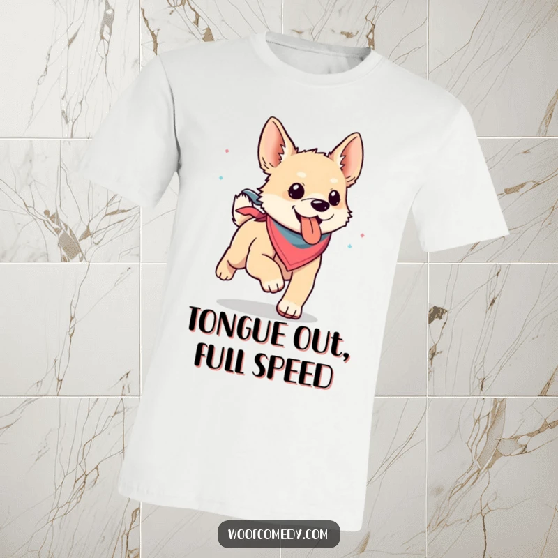 Funny kawaii dog in a bandana, joyfully running with its tongue lolling out on a comfortable t-shirt.