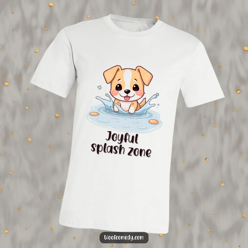 Funny t-shirt showcasing a kawaii dog joyfully splashing in a puddle, ears flapping, a hilarious depiction of wet-dog fun.