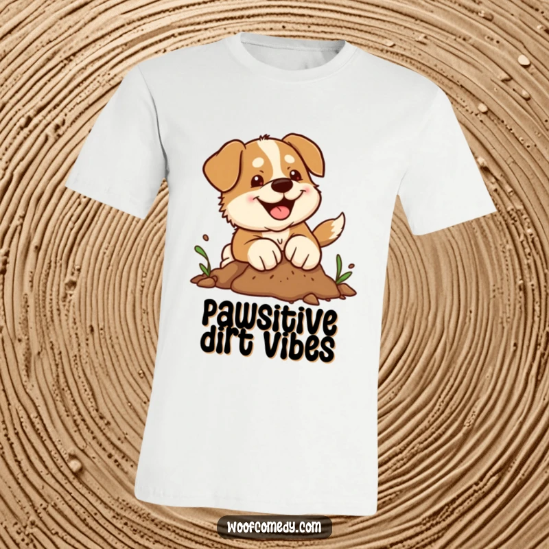 Funny kawaii dog t-shirt showing a determined pup joyfully digging in dirt, ideal for pet owners with a sense of humor.