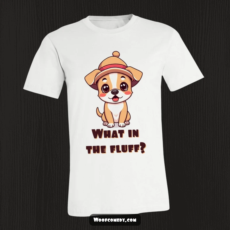 Funny Kawaii Dog T-Shirt: A cute dog with big eyes wearing a comical hat, looking utterly surprised and ready for fun.