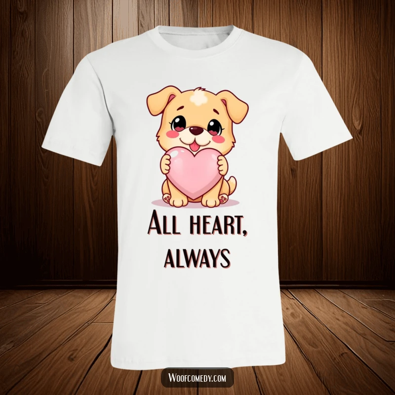 Funny loyal dog presenting a large, glowing heart, loving eyes, expressive graphic tee, funny gift.