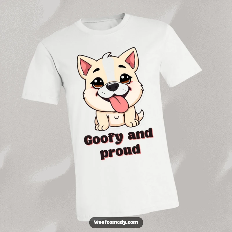 Funny Kawaii dog t-shirt depicting a cute dog with a goofy expression, panting with its tongue hanging out. Hilarious and full of character.