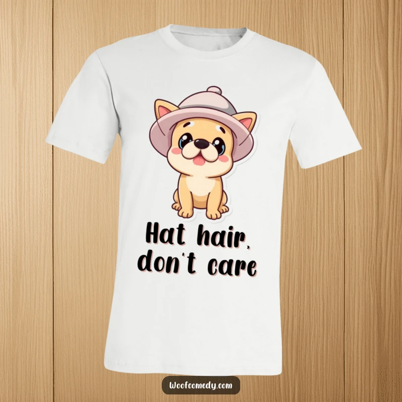 Funny surprised dog wearing a large, comical hat, expressive face, vibrant graphic tee, funny gift.
