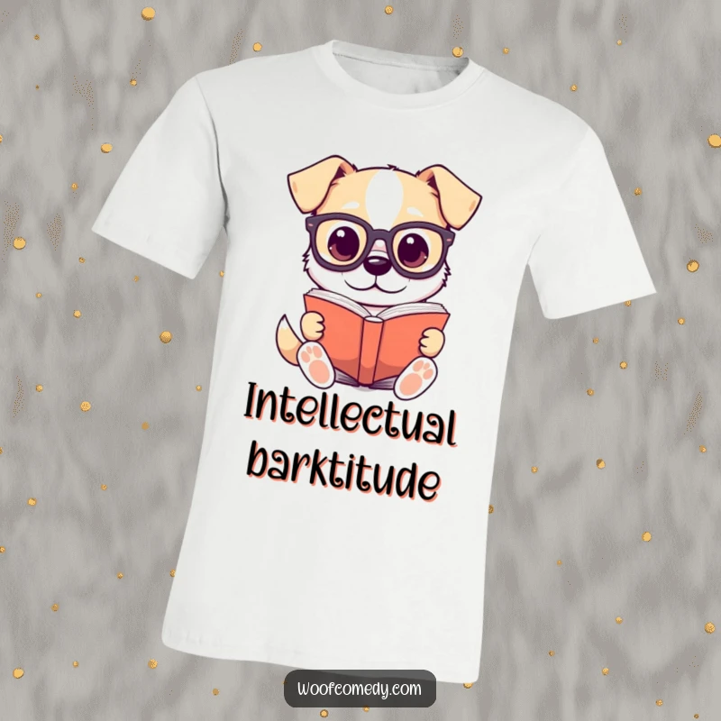 Funny t-shirt featuring a kawaii dog in tiny glasses, intently reading a large book, a symbol of literary charm.