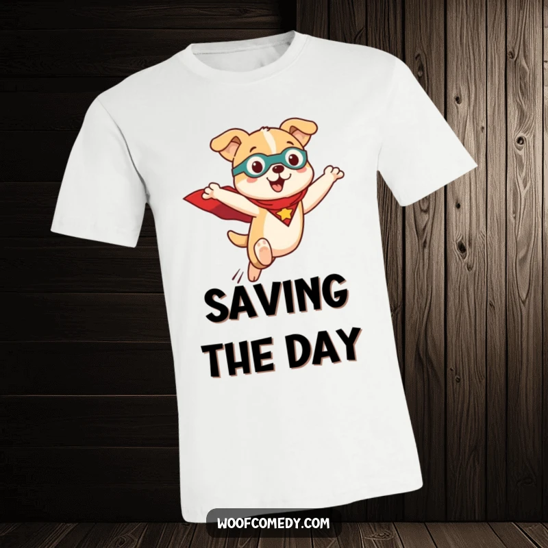 Funny Kawaii dog t-shirt showing a cute dog wearing a superhero cape, mid-leap with determination. Soft and comfortable fabric.