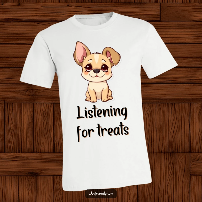 Funny floppy ear dog t-shirt with a pup tilting its head curiously, highlighting its adorable, oversized ears.