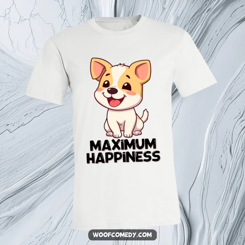 Funny dog wagging tail t-shirt depicting a joyful dog in motion, tail blurred with enthusiastic wagging, embodying canine happiness and humor.