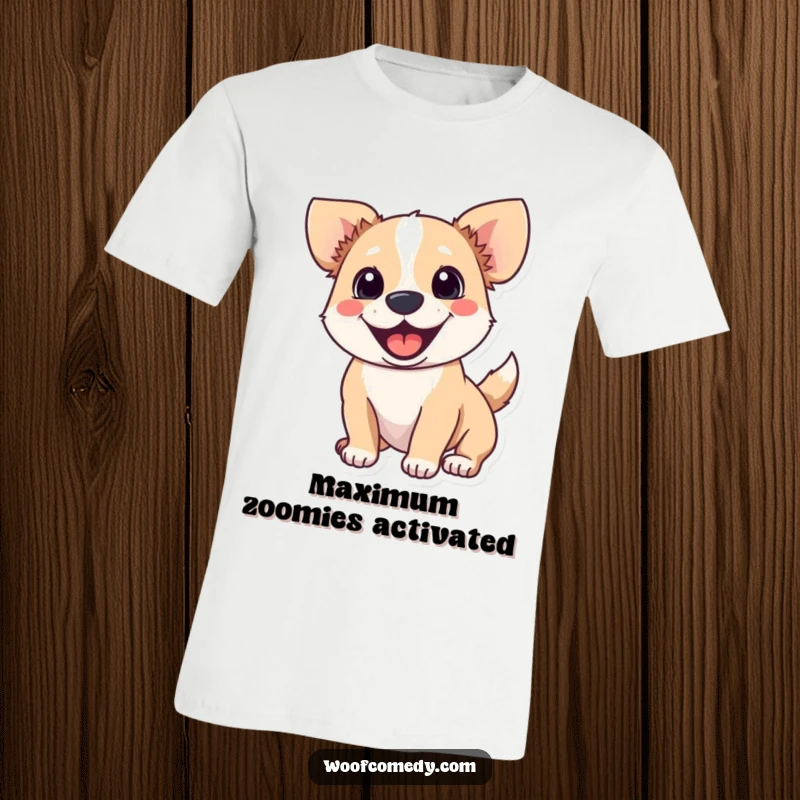 Funny t-shirt displaying a dog with a wagging tail and perked ears, radiating excitement.
