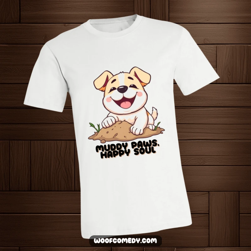 Funny dog t-shirt featuring a dog with an enormous grin, completely engrossed in enthusiastically digging in the dirt.