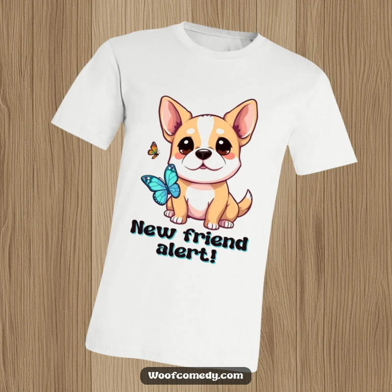 Funny Kawaii Dog T-Shirt: A cute dog with alert ears, fascinated by a floating butterfly, embodying gentle curiosity.