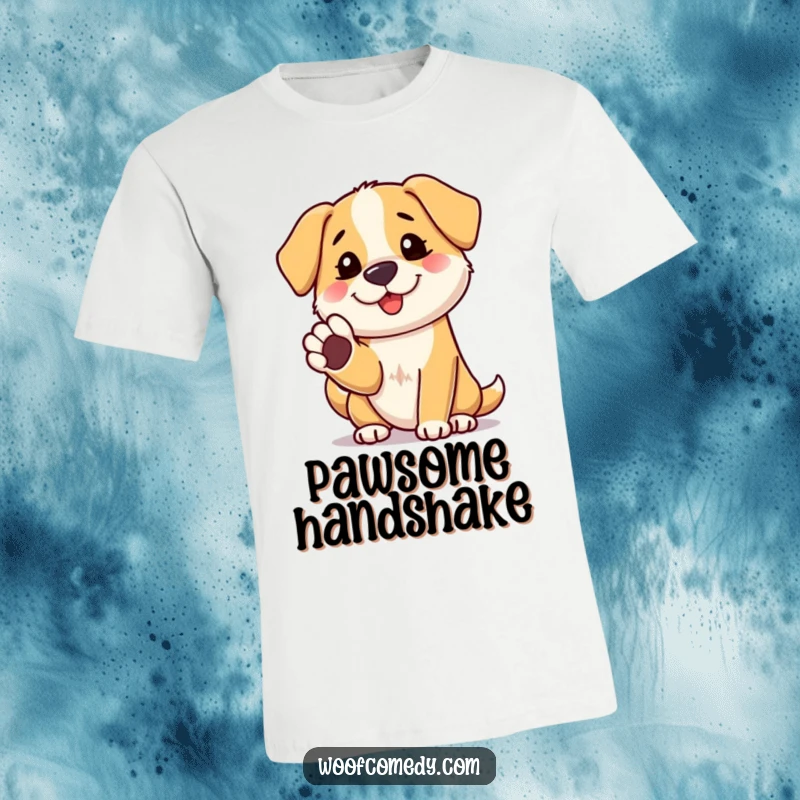 Funny t-shirt with a friendly dog offering its paw for a shake, a welcoming humorous gift.
